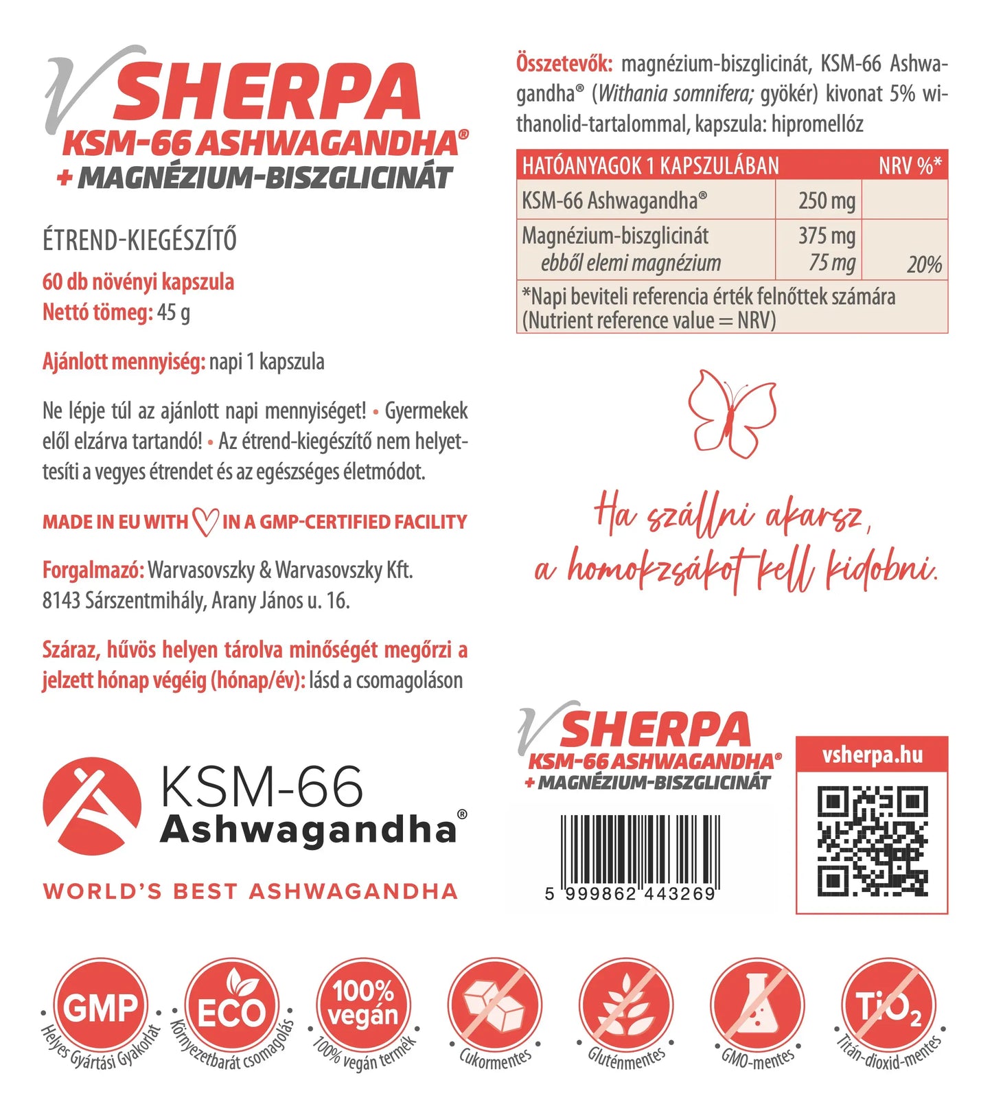 vSherpa KSM-66® Ashwagandha + Magnézium-biszglicinát étrend-kiegészítő