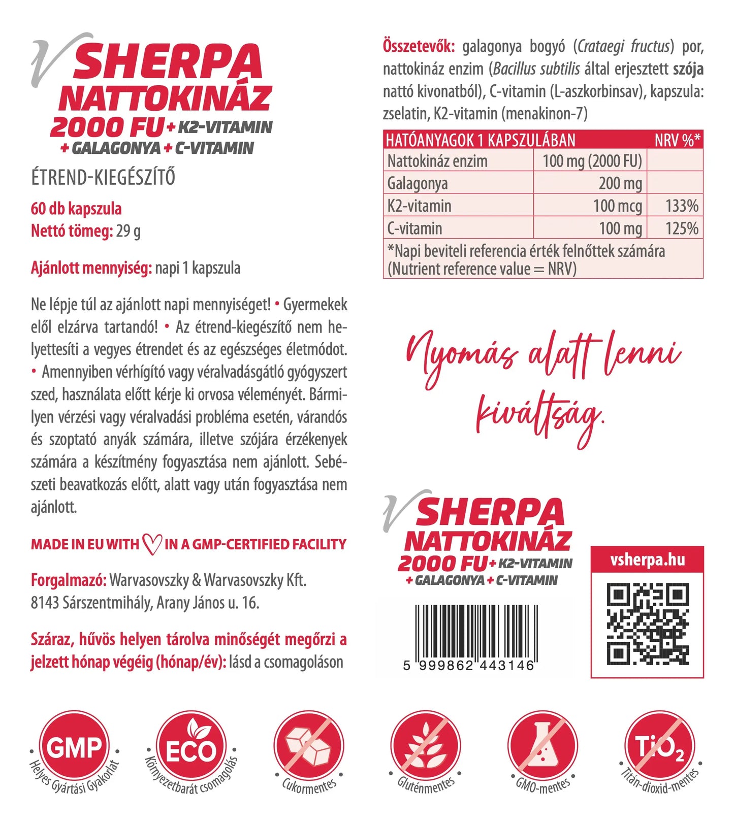 vSherpa Nattokináz + K2-vitamin + Galagonya + C-vitamin étrend-kiegészítő