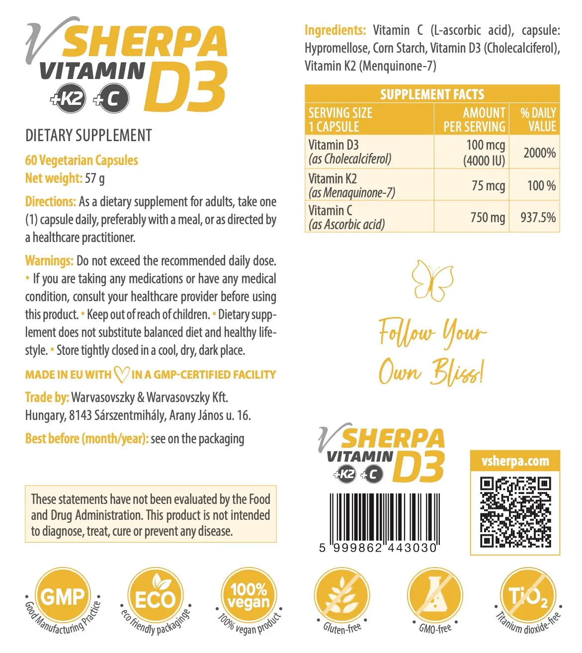 vSherpa vitamin D3 + vitamin K2 + vitamin C kosttillskott 