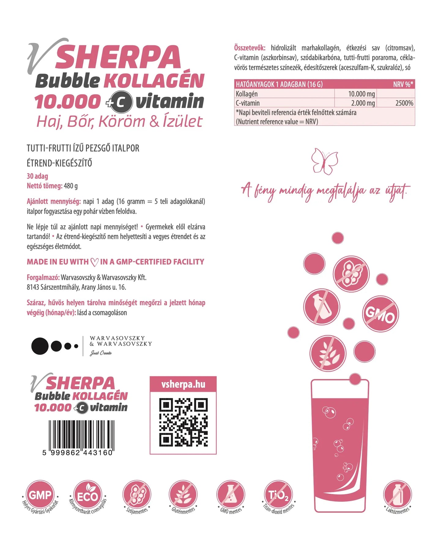 vSherpa Bubble Kollagén 10.000 mg + C-vitamin tutti-frutti ízű pezsgő italpor