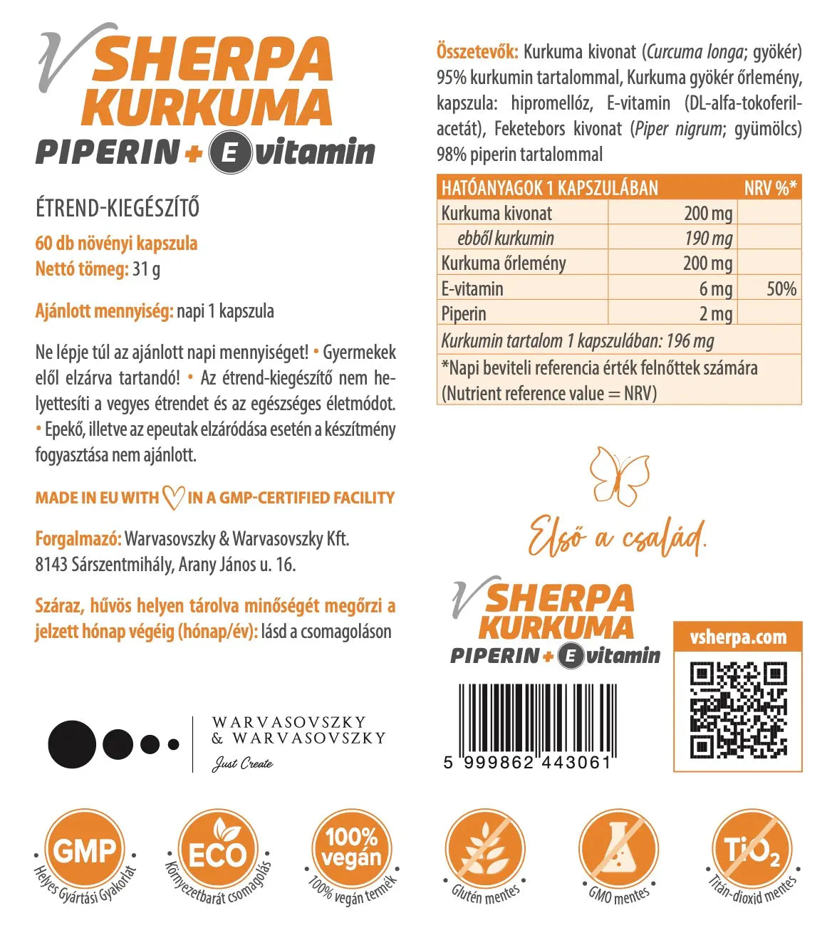 vSherpa Kurkuma + Piperin + E-vitamin étrend-kiegészítő