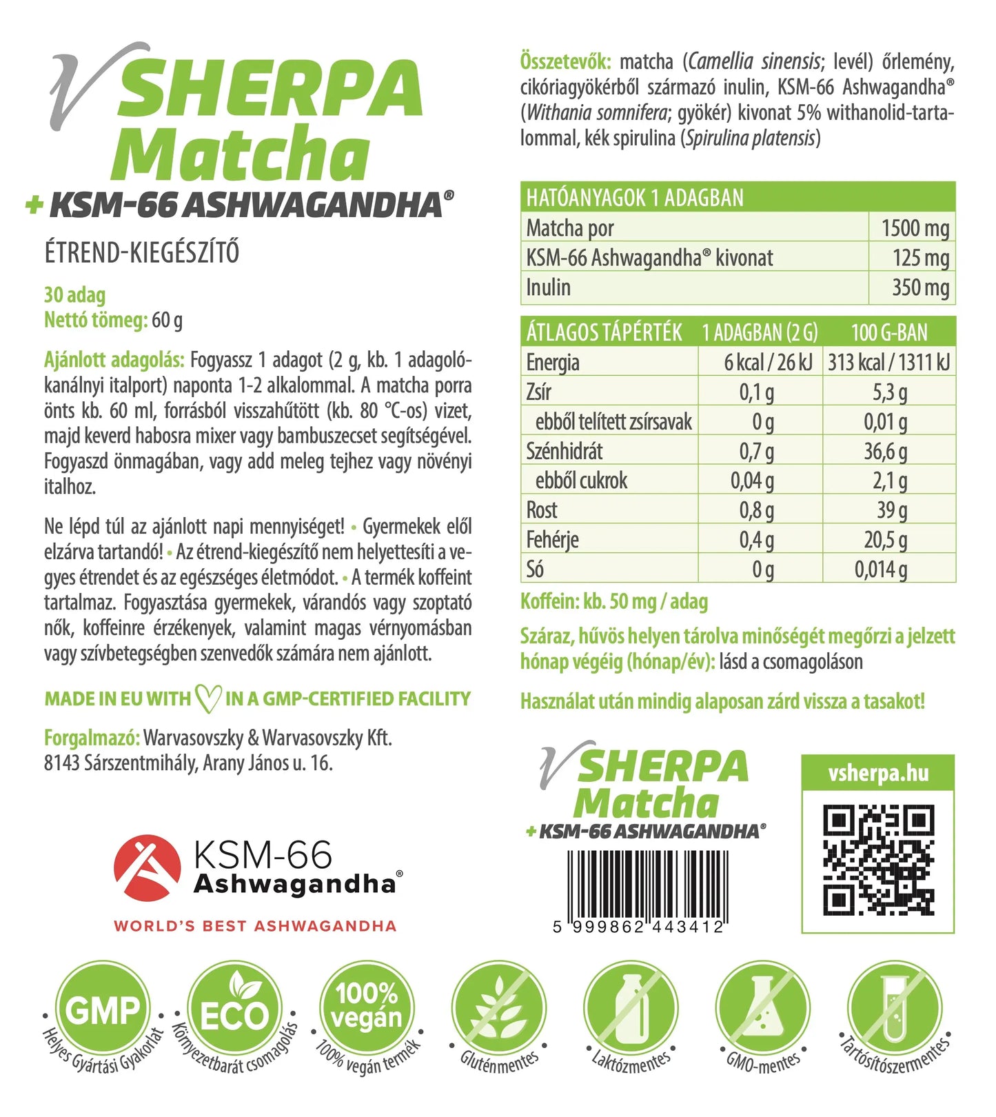 vSherpa Matcha + KSM-66 Ashwagandha étrend-kiegészítő