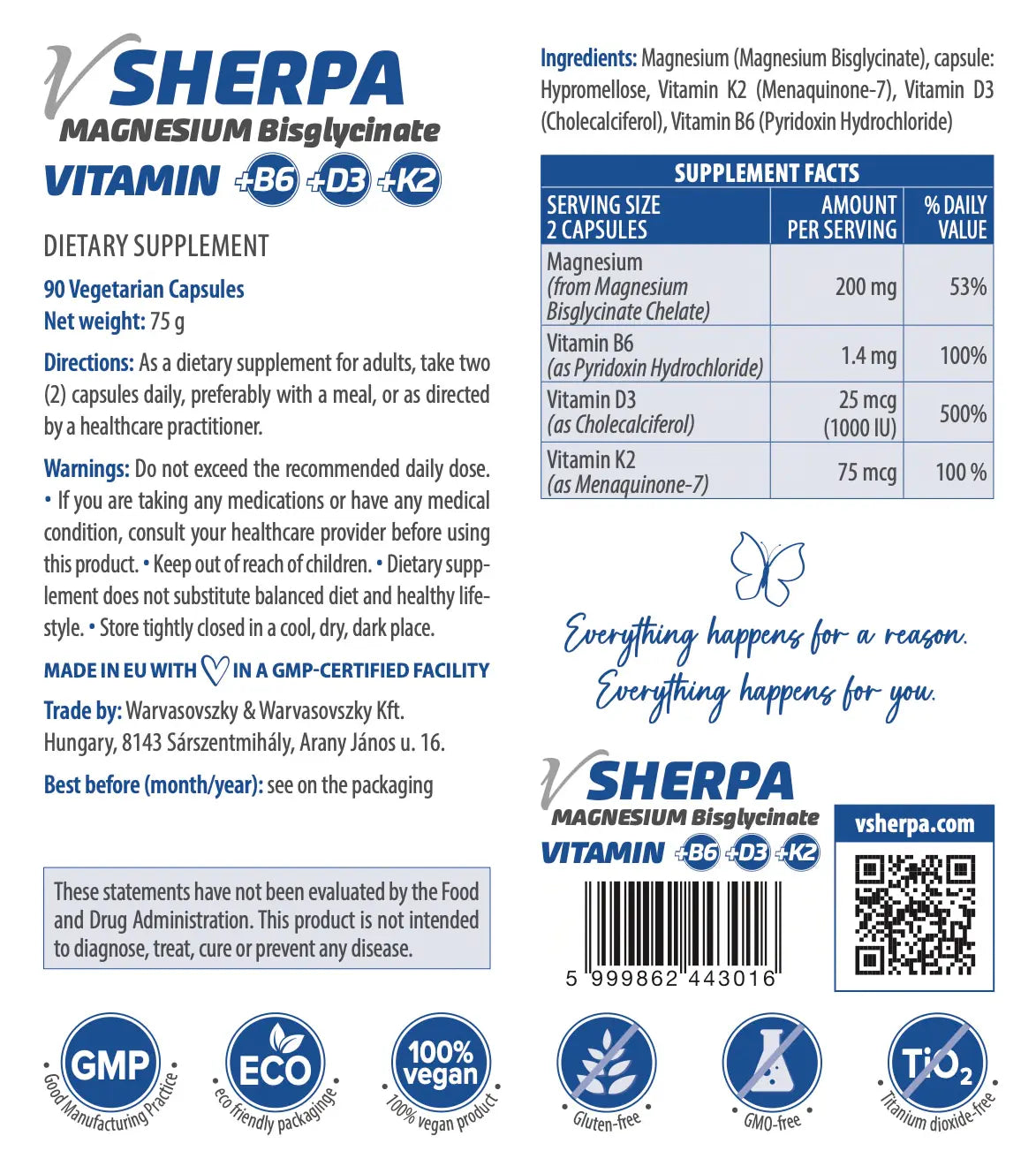 vSherpa Magnesiumbisglycinat + vitamin B6 + vitamin D3 + vitamin K2 kosttillskott