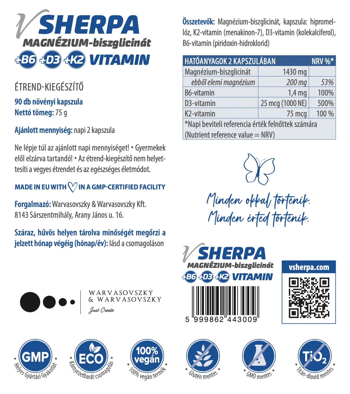 vSherpa Magnesiumbisglycinat + vitamin B6 + vitamin D3 + vitamin K2 kosttillskott