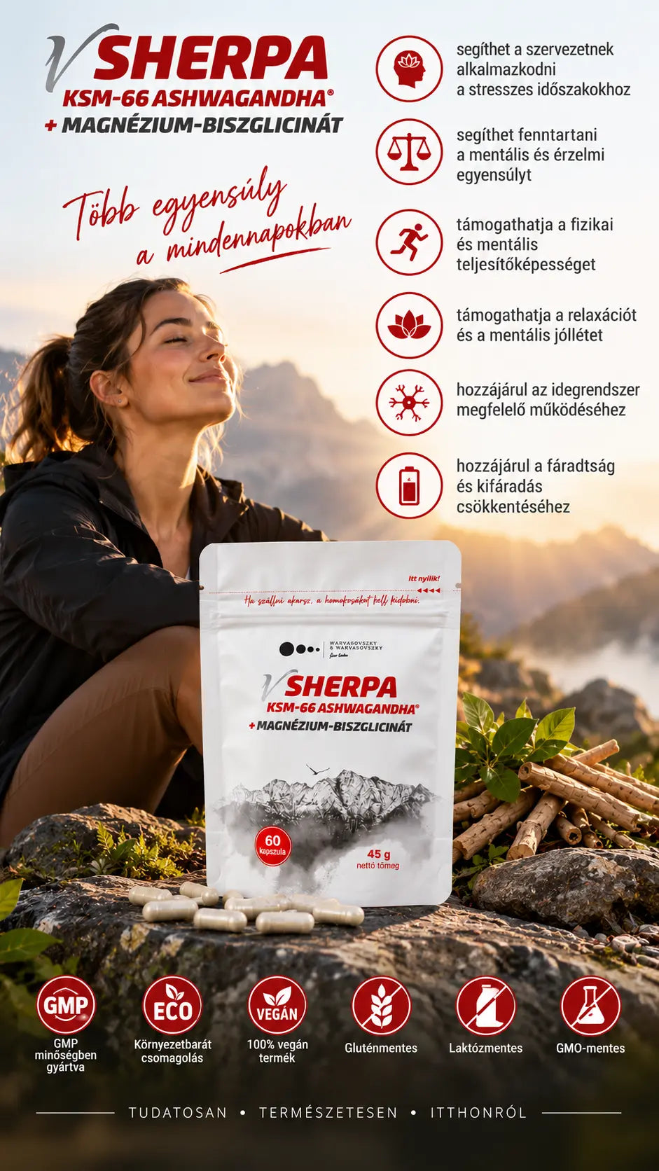 vSherpa KSM-66® Ashwagandha + Magnézium – stresszkezelés, mentális egyensúly, relaxáció, fáradtságcsökkentés és idegrendszeri támogatás