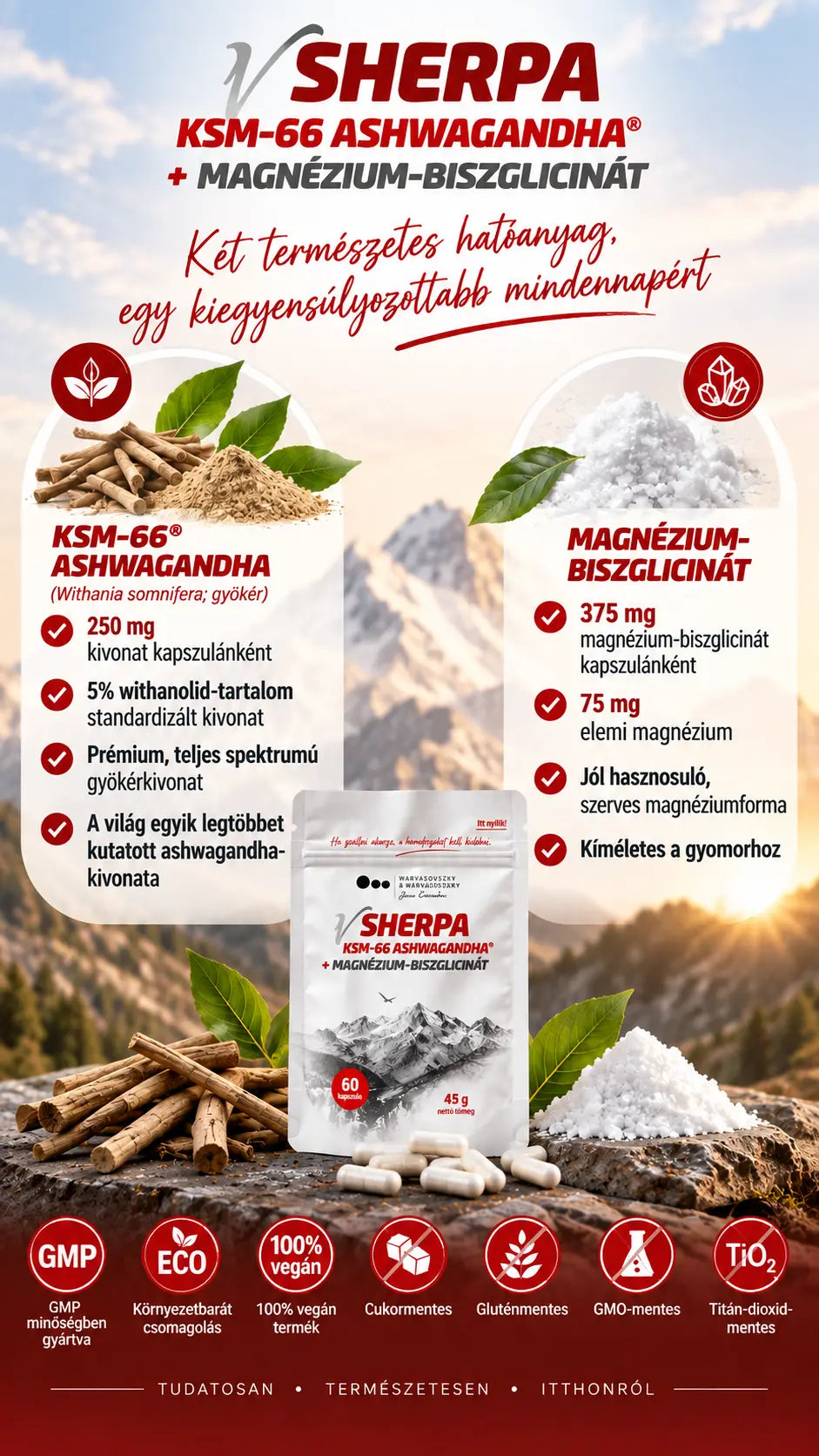 vSherpa KSM-66® Ashwagandha + Magnézium-biszglicinát – 250 mg standardizált ashwagandha gyökérkivonat és 375 mg magnézium-biszglicinát kapszulánként