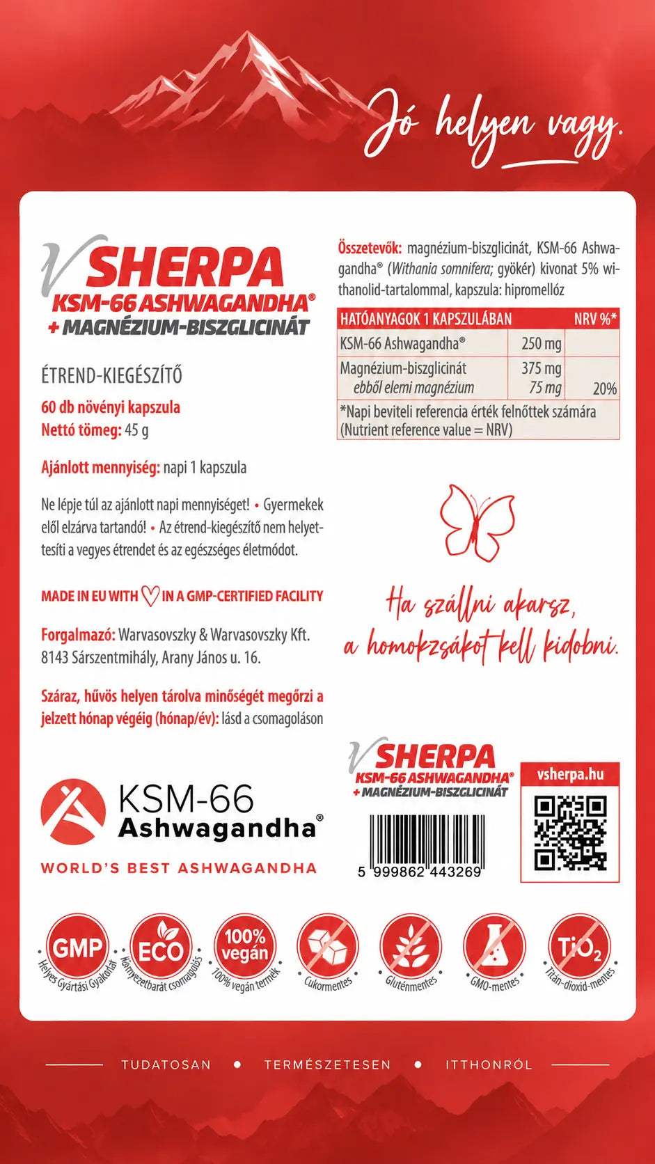 vSherpa KSM-66® Ashwagandha + Magnézium-biszglicinát termékcímke – összetevők, hatóanyag-tartalom, adagolás és figyelmeztetések