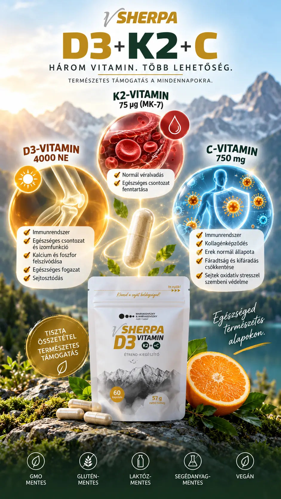 vSherpa Vitamin D3 + Vitamin K2 + Vitamin C dietary supplement