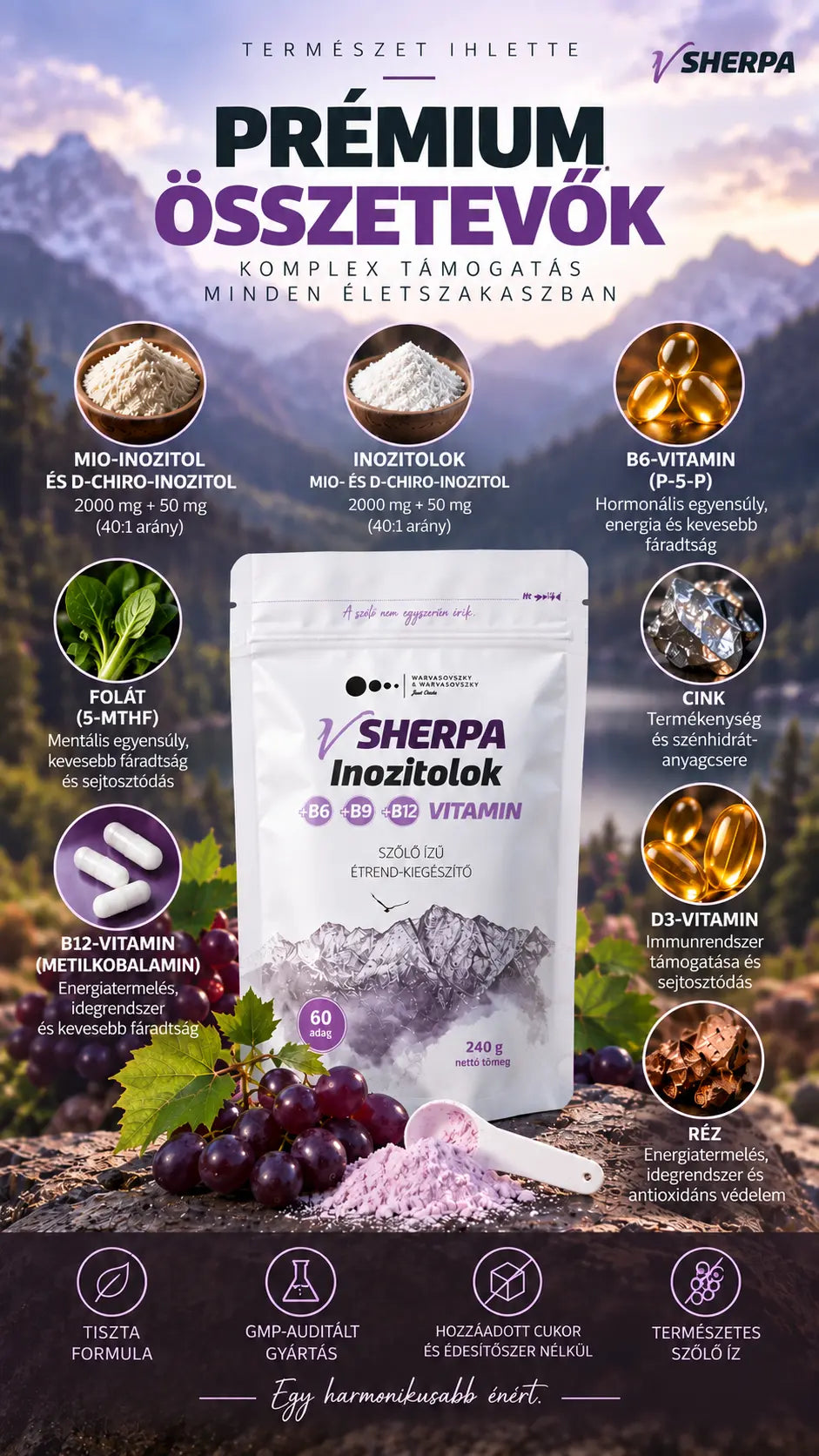 vSherpa Inozitolok +B6-, B9-, B12-vitamin szőlő ízű étrend-kiegészítő