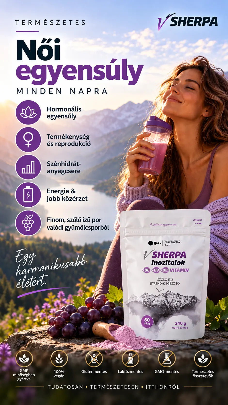 vSherpa Inozitolok – a hormonális egyensúly, a termékenység, a normál szénhidrát-anyagcsere és az energiatermelő anyagcsere támogatására