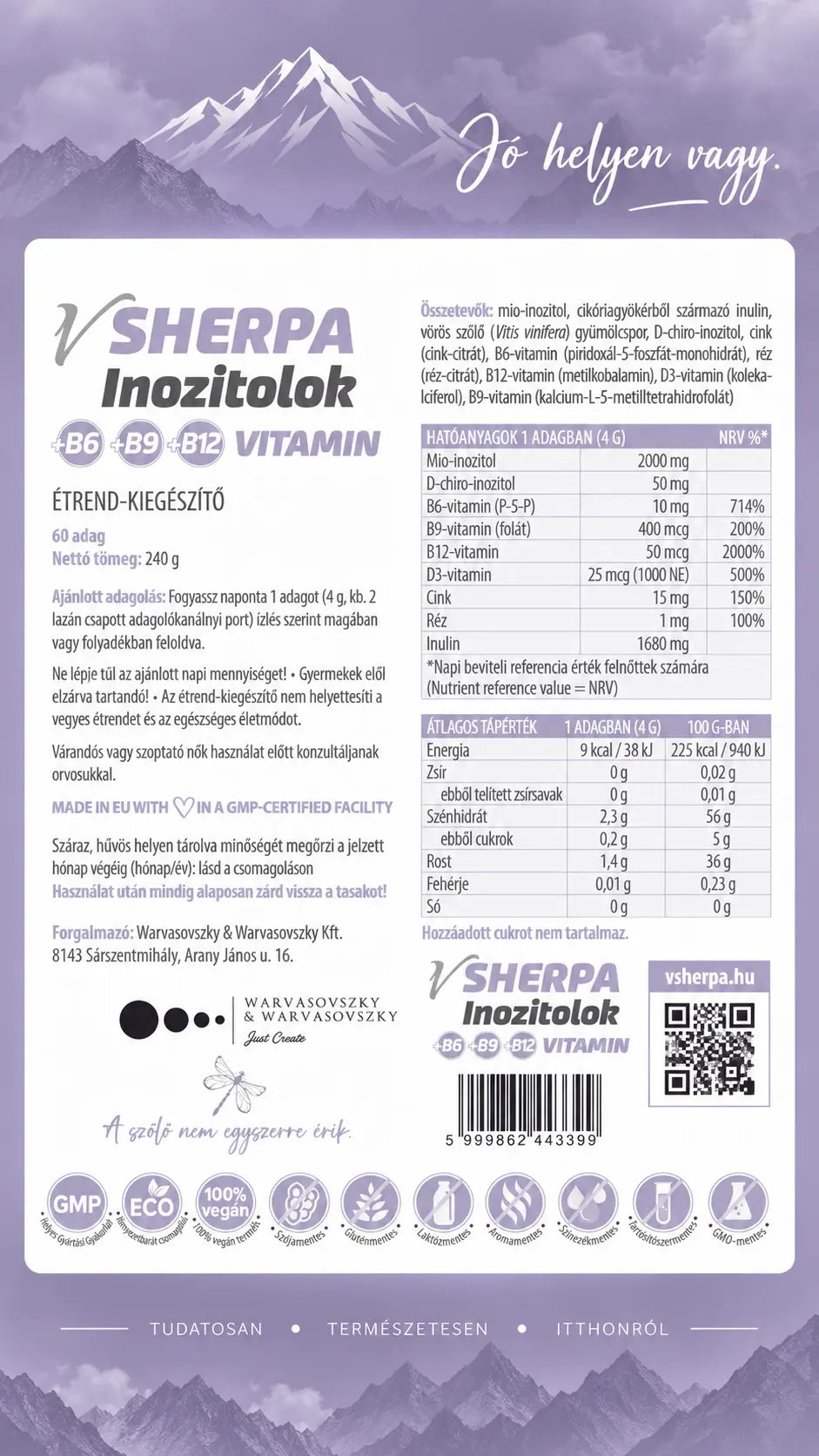 vSherpa Inozitolok +B6-, B9-, B12-vitamin szőlő ízű étrend-kiegészítő