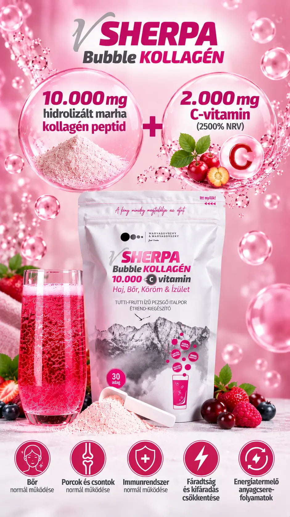 vSherpa Bubble Collagen 10,000 mg + Vitamin C tutti-frutti flavored sparkling drink powder (480 g)