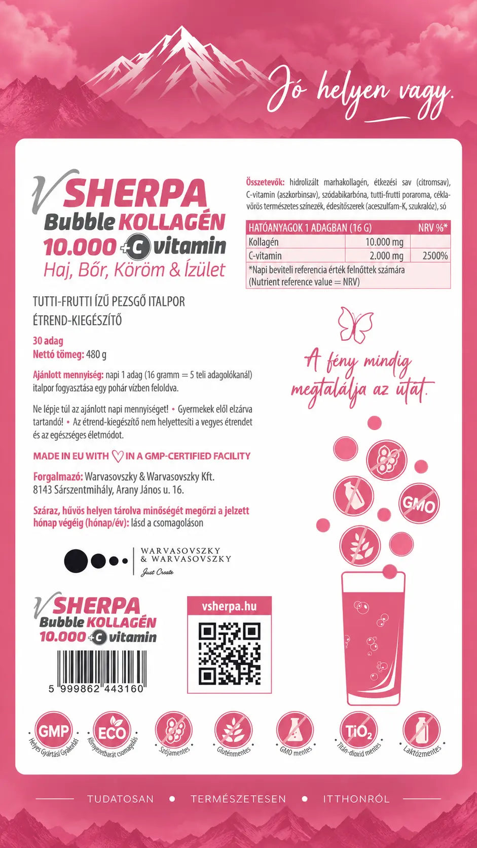 vSherpa Bubble Collagen 10,000 mg + Vitamin C tutti-frutti flavored sparkling drink powder (480 g)