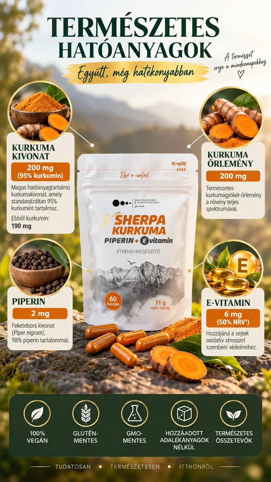 vSherpa Turmeric + Piperine + Vitamin E dietary supplement 