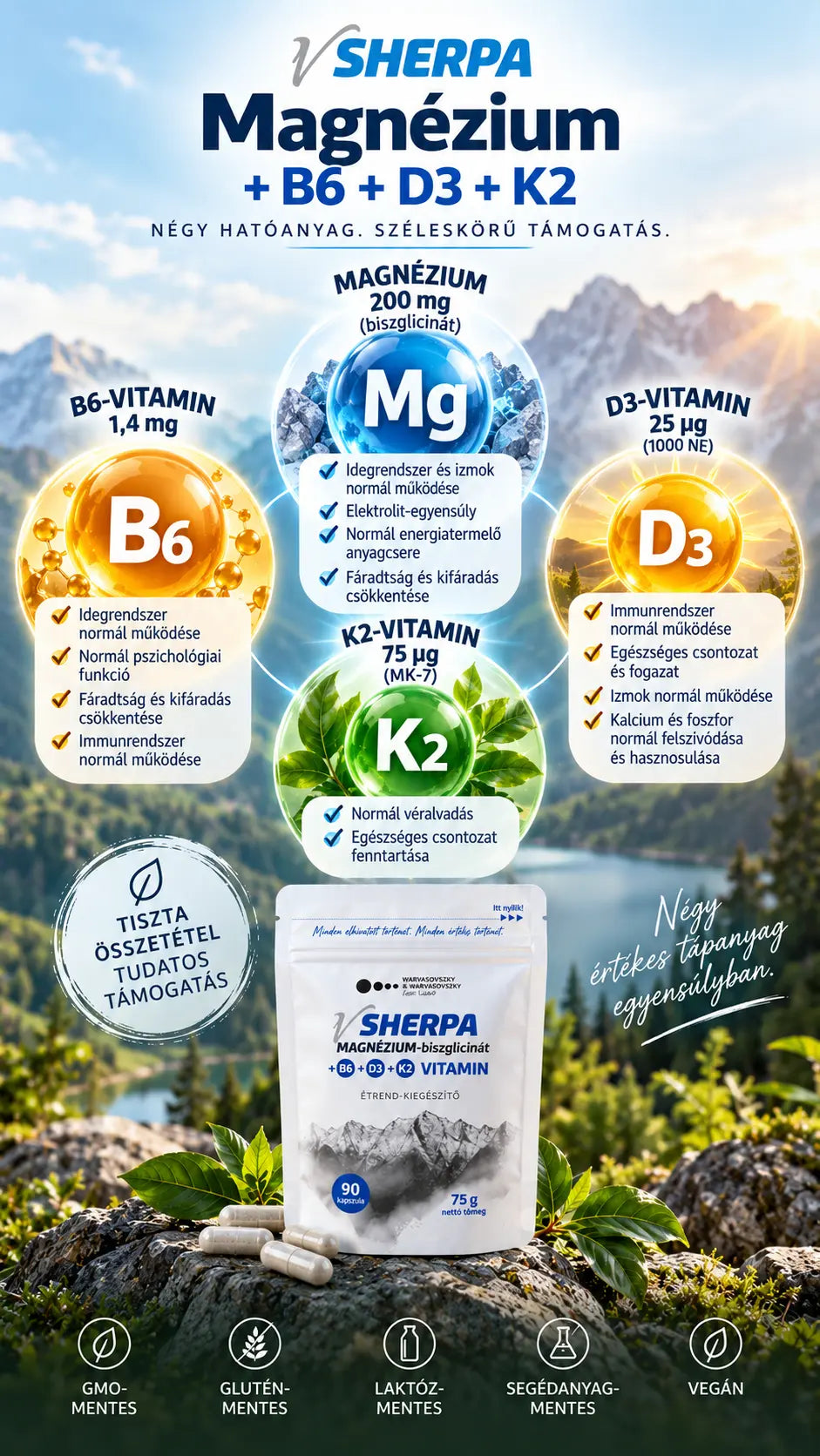 vSherpa Magnesium Bisglycinate + Vitamin B6 + Vitamin D3 + Vitamin K2 dietary supplement 