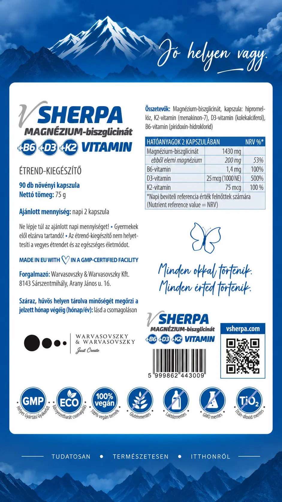 vSherpa Magnesium Bisglycinate + Vitamin B6 + Vitamin D3 + Vitamin K2 dietary supplement 
