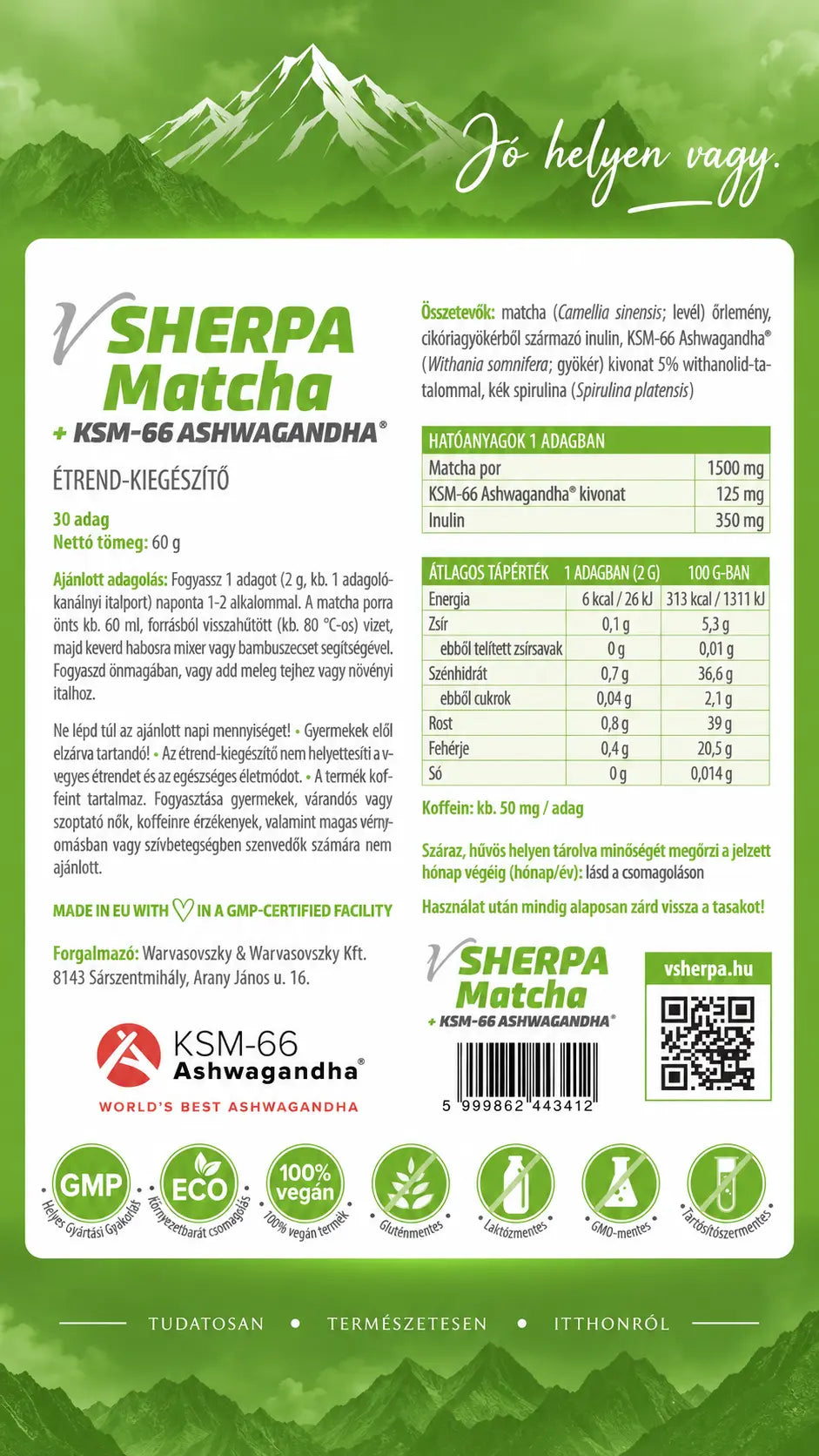vSherpa Matcha + KSM-66 Ashwagandha étrend-kiegészítő