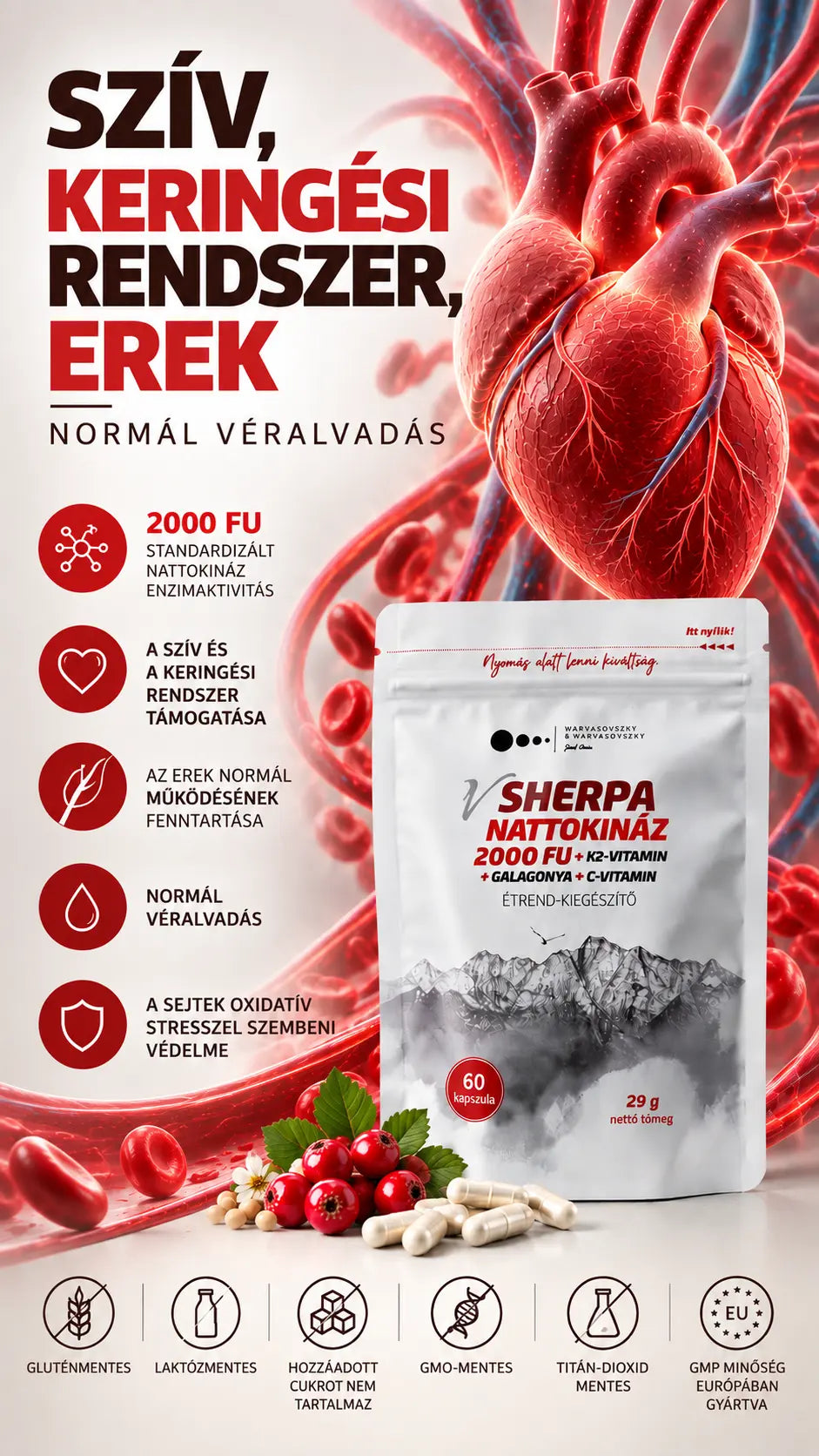 vSherpa Nattokináz + K2-vitamin + Galagonya + C-vitamin étrend-kiegészítő