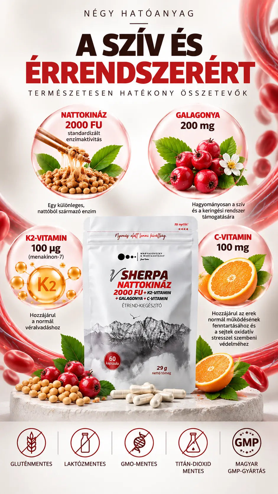 vSherpa Nattokináz + K2-vitamin + Galagonya + C-vitamin étrend-kiegészítő