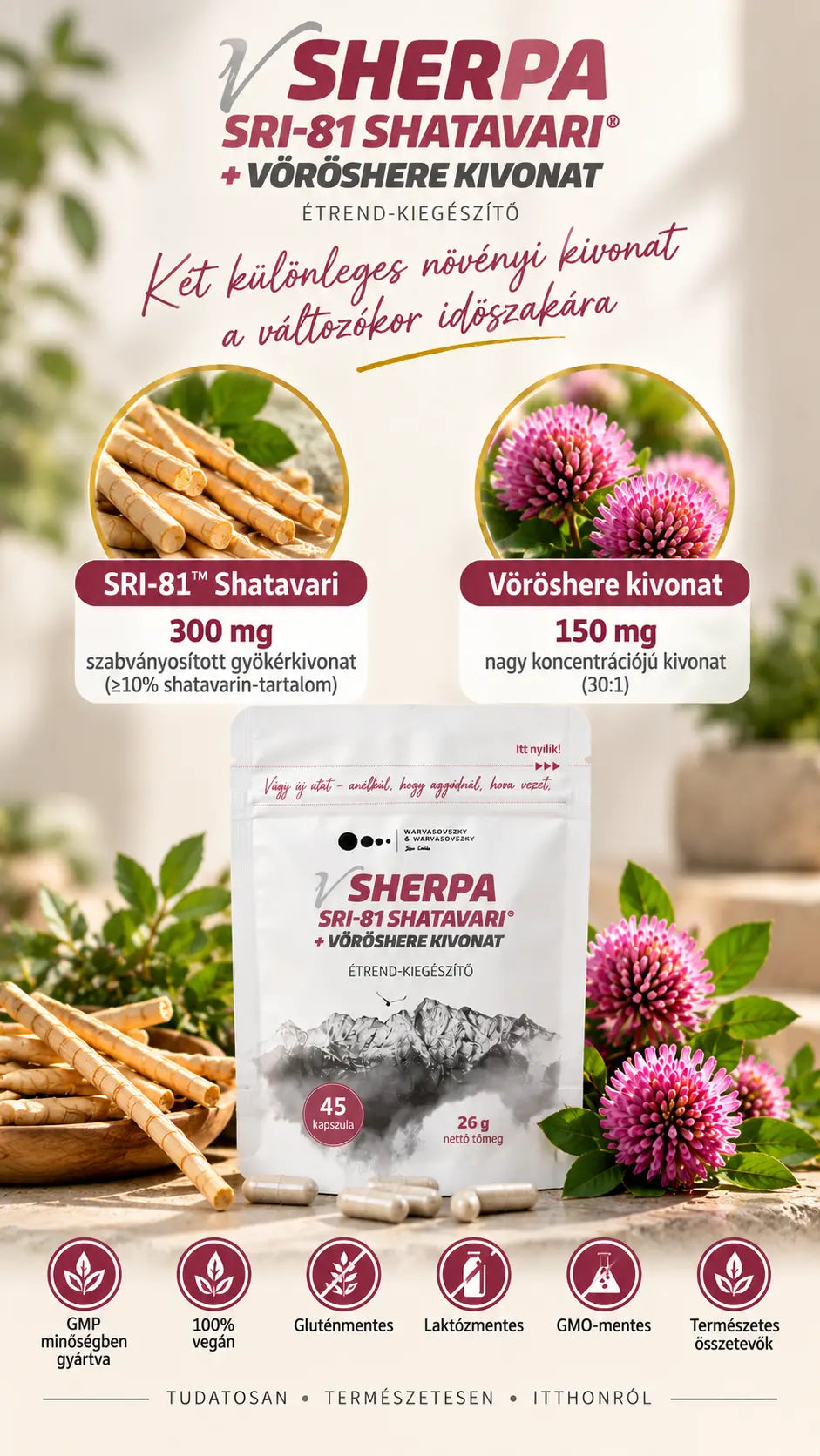 vSherpa SRI-81® Shatavari + Vöröshere kivonat étrend-kiegészítő